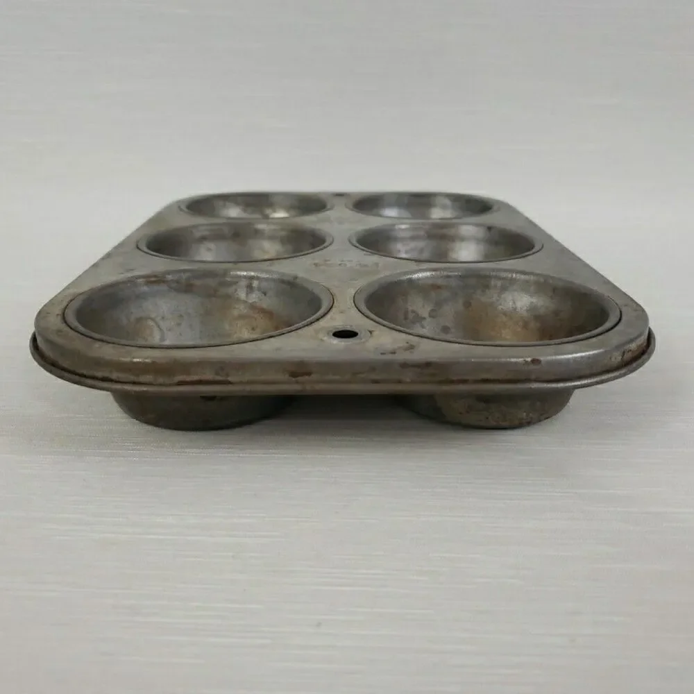 Ekcology T60.6 Silver Beauty Muffin Tin 6 Cups VTG USA Bakeware Primitive MCM